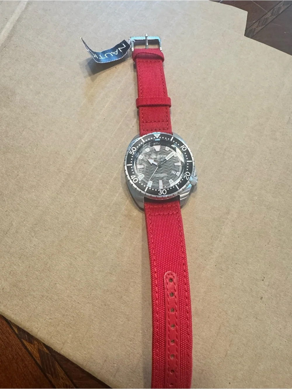 Nautica Men's Red Canvas Strap Watch with Black Dial and Silver Case